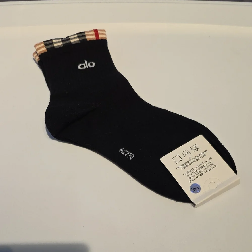 ALO Yoga Black Ankle Socks with Plaid Trim